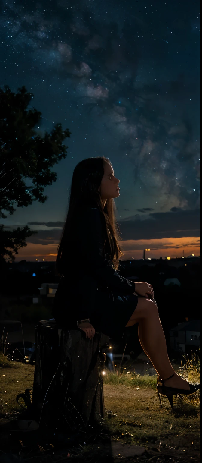 octans, sky, star (sky), scenery, starry sky, night, 1girl, sunrise, outdoors, cloud, milky way, sitting, tree, long hair, city, silhouette,