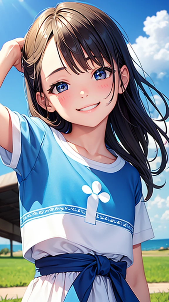 12 years old、beautiful girl、Smile、face closeup、blue sky