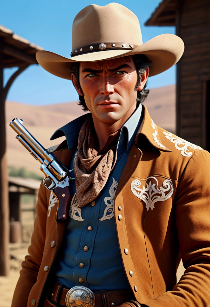 (Western Cowboy with hat), stands next to his horse, sunset sky background, popular comic, full body, award-winning, cinematic still, emotional, vignette, dynamic, vivid, (masterpiece, best quality, Professional, perfect composition, very aesthetic, absurdres, ultra-detailed, intricate details:1.3)