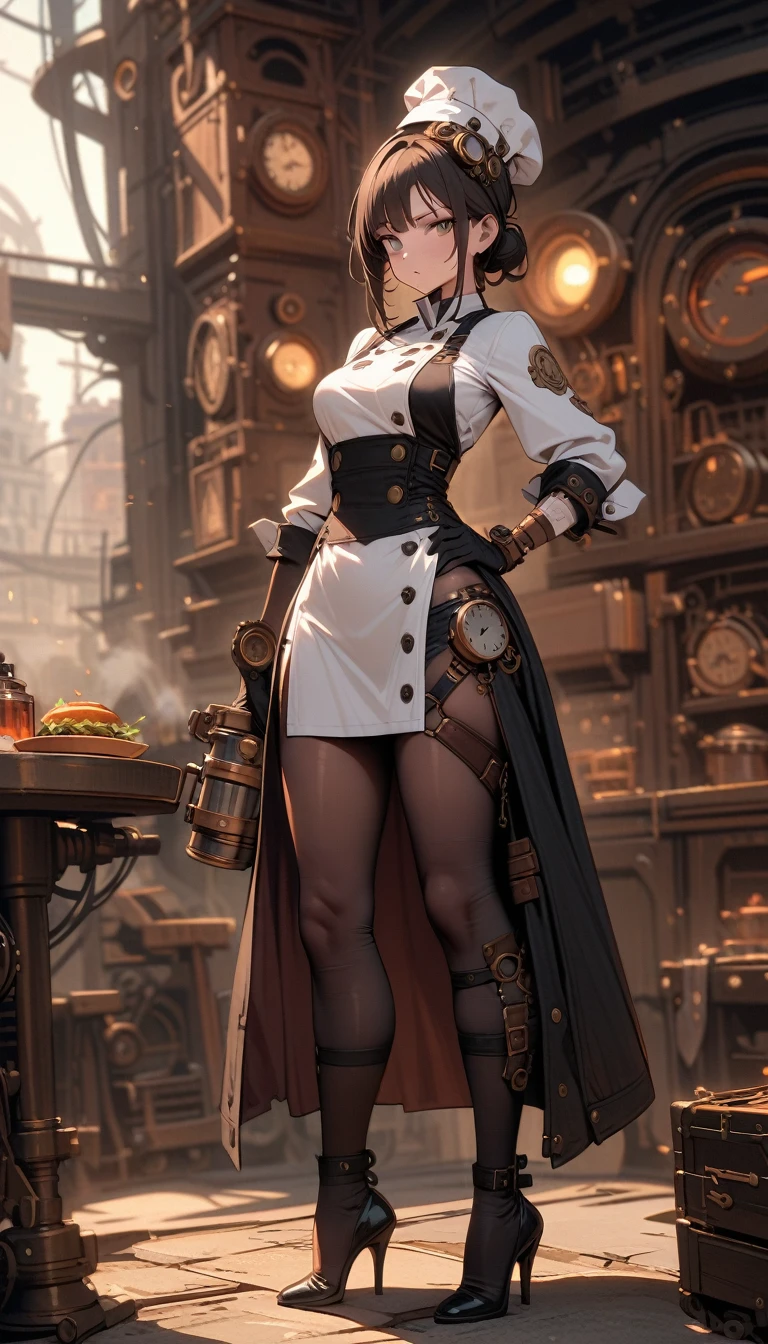 ((best quality)) , ((masterpiece)) , (detailed)，1 female，Steampunk的厨房，Female chef，High heel，((whole body，Steampunk))