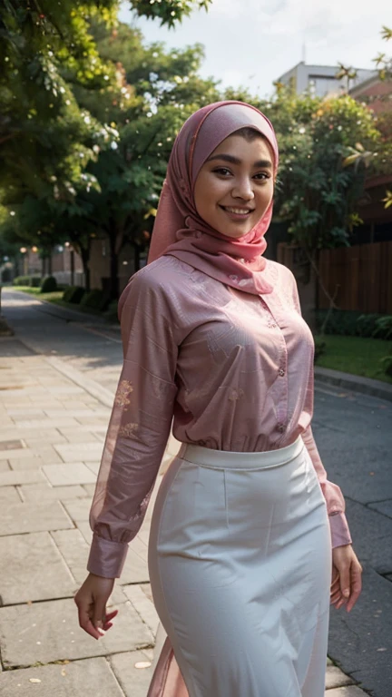 A beautiful Malay girl in hijab, most beautiful, wearing long sleeve colourful baju kebaya, standing tall in elegant pose, wide open smile with teeth visible, modern city scape scenery, (best quality,4k,8k,highres,masterpiece:1.2),ultra-detailed,(realistic,photorealistic,photo-realistic:1.37),detailed eyes and face,beautiful detailed lips,long eyelashes,natural lighting,warm color tones,soft focus