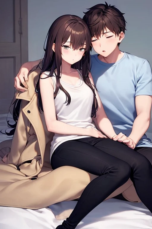 ((best quality)), ((masterpiece)), (detailed), a couple, a boy and a girl, 1 boy, full body, 19 years old, brown hair with white tips, somewhat long hair, bangs, green eyes, sleeping, tall and thin, thin, long beige trench coat, open trench coat, black fingerless gloves, white wristbands, white t-shirt with blue I-shaped emblem, letter I, black pants, 1 girl, full body, 19 years old, young adult, somewhat short, purple eyes, brown hair, somewhat wavy hair, long hair, lock of hair on forehead, asleep, blushing, scientist's coat, blue shirt, black pants, sitting on the floor, sleeping on the boy's shoulder, romantic moment, bedroom background, anime