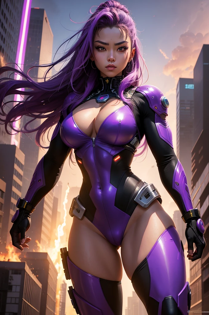 A beautiful, exuberant and very young cybernetic android warrior with black African and oriental Japanese and Chinese features, mixed with the clone of the Greek warrior goddess Athena, with super mega giant breasts, purple eyes, transformed into a super sensual and extremely muscular astronaut, fitness, fit bodybuilder and weightlifter, very muscular thighs wearing very short, super radical and purple punk style hair and very straight in locks, wearing sexy cyberpunk battle outfits, running and fighting a large alien army on a mysterious planet with a city bursting into flames in the background