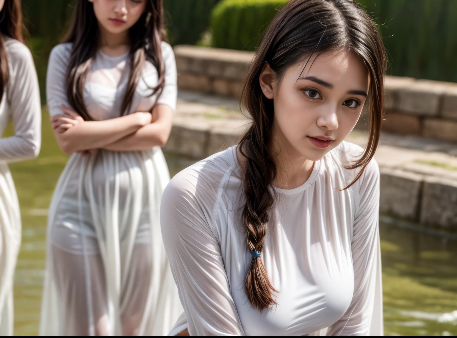 4 four Girls  in white traditional uniform , raining, drenched, soaked, wet clothes, dishevelled,oil covered clothes,  wet skin and braided hair, posing, cold grey light, symmetric, pornographic, photographic quality, masterpiece, 8k, looking at viewer, cold, on sea, standing, neon, narrow depth of field, close up, detailed eyes, dripping wet, bokeh, no bra, under chest, pyjama top slightly open