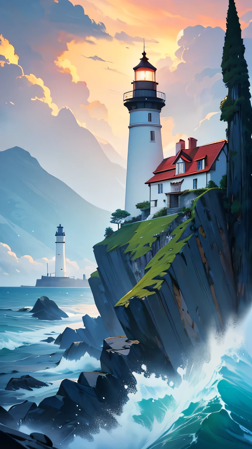 Create an AI-generated image featuring a tall, majestic lighthouse perched on a rocky cliff overlooking the sea. The lighthouse has a bright light at the top and is built in a classic style with a red-roofed house attached to its base. The sky above is filled with large, fluffy clouds, adding depth and drama to the scene. The waves crash gently against the rocks, creating a sense of serene power. The overall mood should evoke a sense of solitude, strength, and guidance, capturing the timeless beauty of a lighthouse standing strong against the elements.