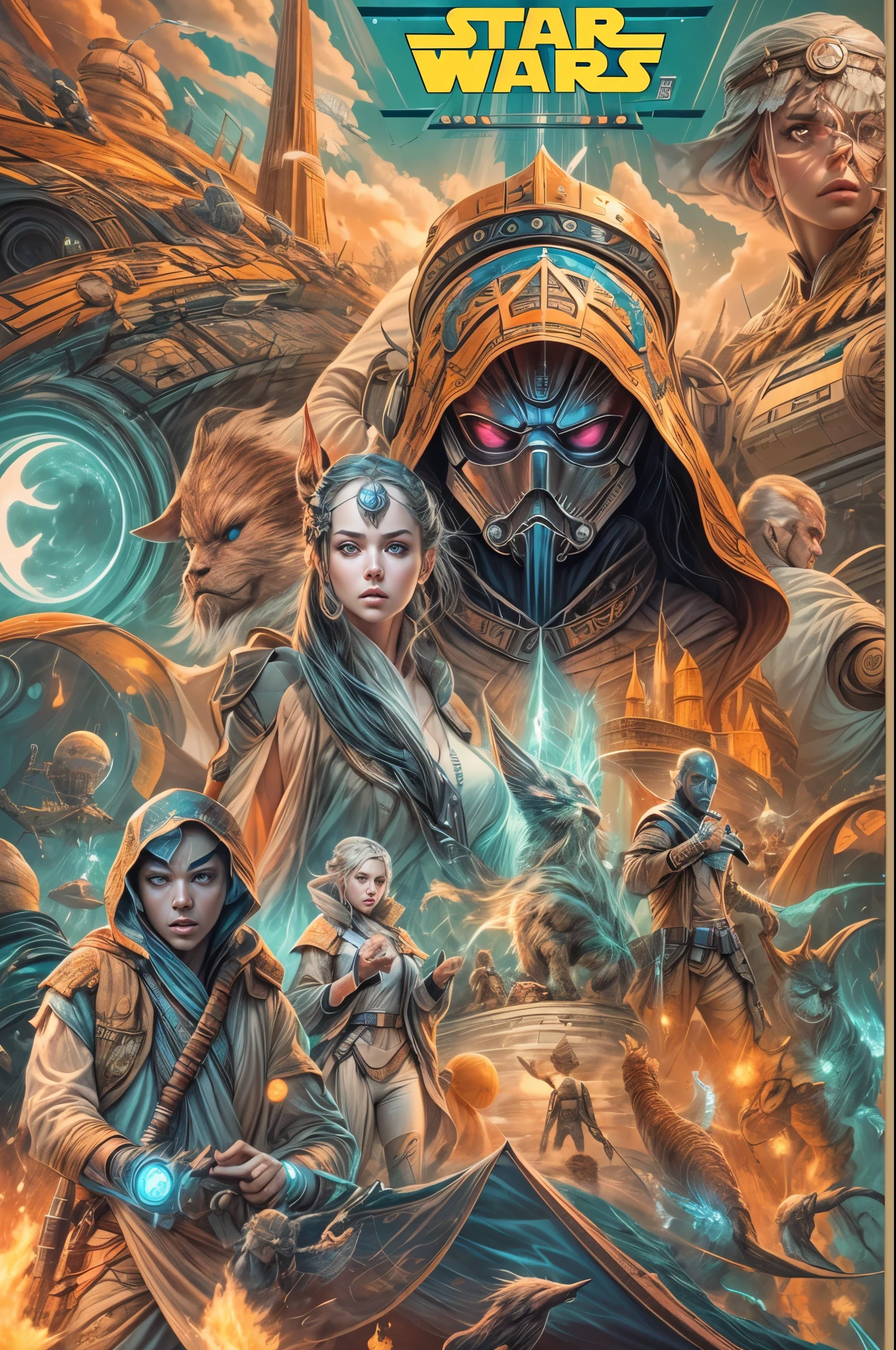 "((Animee)) book cover for Star Wars, dramatic scenes, ((expressive characters)), futuristic details, vibrant and ((captivating colors)), dynamic composition,