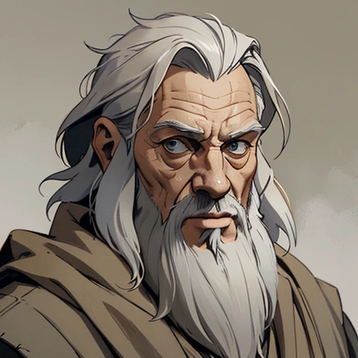 (masterpiece), (best quality),(portrait),(bust up),1boy,solo,(sharp focus),(look at viewer),Gandalf, oldman,wizard,ancient long clothes,(simple background),gray background,old school fantasy art,beige outfit,light from front,