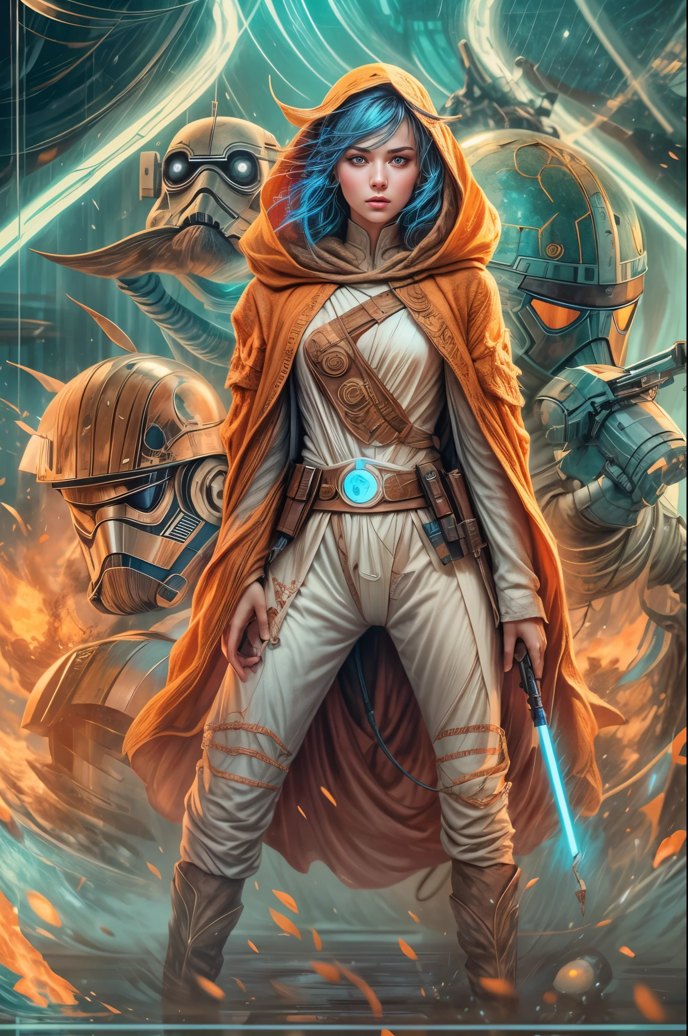 "((Animee)) book cover for Star Wars, dramatic scenes, ((expressive characters)), futuristic details, vibrant and ((captivating colors)), dynamic composition,