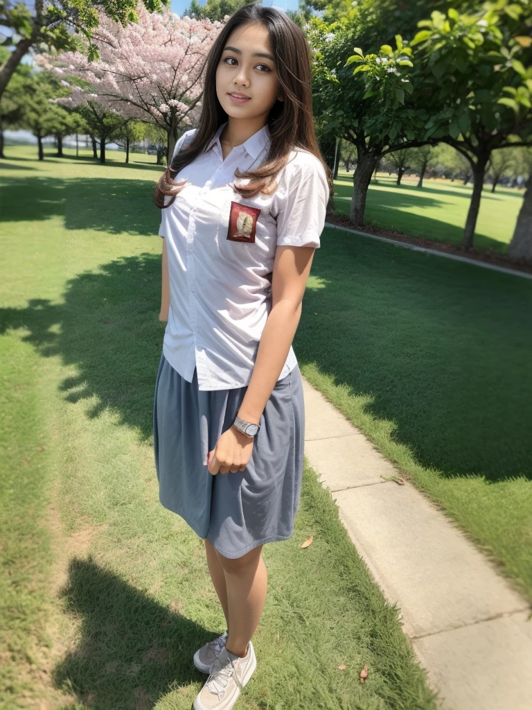 1girl, solo, (Indonesian_high_school_uniform), (ultra wide angle shot: 1.4), beautiful scenery, detailed face, beautiful eyes, thick breasts, beautiful long hair, slim body, smooth skin, tight short sleeve white shirt, grey-blue tight miniskirt, looking at the audience, low angle shot,(8k, RAW photo, best quality, masterpiece: 1.2), (realistic, realistic: 1.37), ultra-high resolution, super detailed, Cherry blossoms falling in the background,In front of a pedestrian crossing,A girl standing upright with her legs shoulder-width apart, Beautiful face in every detail, ideal skin, gentle expression, Front view, angle from below, realistic, cute, Crouch deep in the city, whole body, collared shirt,put the backpack aside