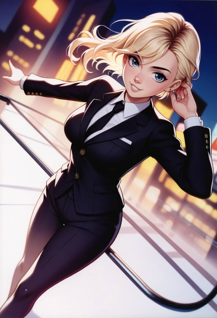 A vibrant manga style illustration of SpiderGwen wearing black suit on the edge of a skyscraper. Lacey, best quality, high quality, high resloution Masterpiece, Best Quality, Manga Scan, Anime, cinematic lighting, drawn Art, Anime Wallpaper, Deep Color, Cel-Shaded