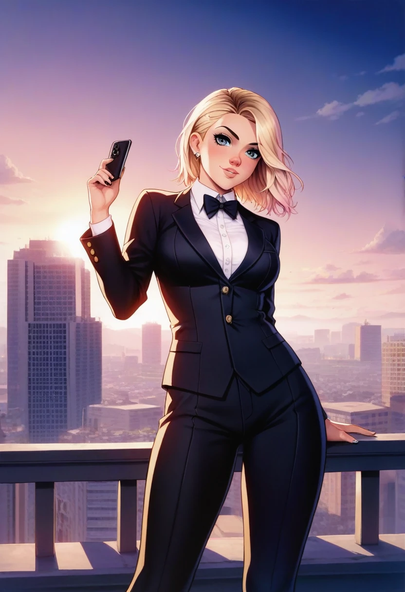 A vibrant manga style illustration of SpiderGwen wearing black suit on the edge of a skyscraper. Lacey, best quality, high quality, high resloution Masterpiece, Best Quality, Manga Scan, Anime, cinematic lighting, drawn Art, Anime Wallpaper, Deep Color, Cel-Shaded