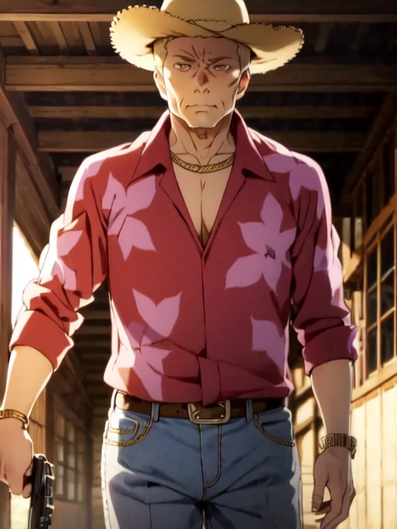 (Ultra-high resolution), (masterpiece), (Attention to detail), (high quality), (最high quality), One Man, (Cowboy Shot), Teppei Hojo, Middle-aged men, elder, Blonde, (Iris), Chin, Gold Necklace, (Western Cowboy), straw hat, (Check shirt), (Best), (Double Holster), leather gauntlet, Showdown scene in the wilderness, Cowboy standing in the dust, The moment he was about to pull out his gun, Dust in the wind