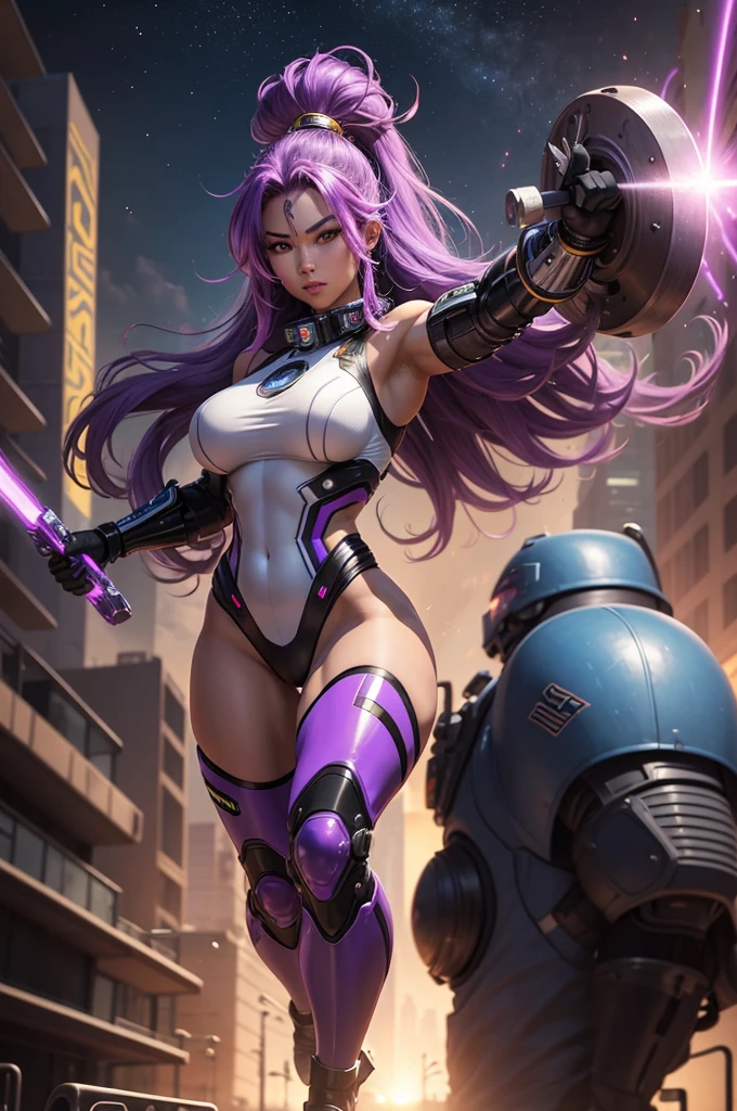 A beautiful, exuberant and very young cybernetic android warrior with black African and oriental Japanese and Chinese features, mixed with the clone of the Greek warrior goddess Athena, with super mega giant breasts, purple eyes, transformed into a super sensual and extremely muscular astronaut, fitness, fit bodybuilder and weightlifter, very muscular thighs wearing very short, super radical and purple punk style hair and very straight in locks, wearing sexy cyberpunk battle outfits, running and fighting a large alien army on a mysterious planet with a city bursting into flames in the background next to a spaceship