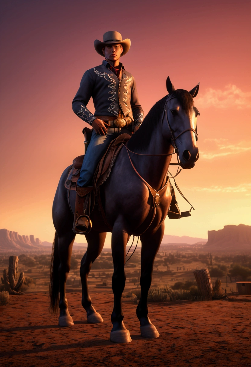(Western Cowboy with hat), stands next to his horse, sunset sky background, popular comic, full body, award-winning, cinematic still, emotional, vignette, dynamic, vivid, (masterpiece, best quality, Professional, perfect composition, very aesthetic, absurdres, ultra-detailed, intricate details:1.3)