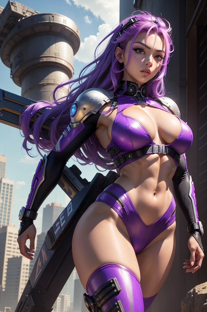 A beautiful, exuberant and very young cybernetic android warrior with black African and oriental Japanese and Chinese features, mixed with the clone of the Greek warrior goddess Athena, with super mega giant breasts, purple eyes, transformed into a super sensual and extremely muscular astronaut, fitness, fit bodybuilder and weightlifter, very muscular thighs wearing very short, super radical and purple punk style hair and very straight in locks, wearing sexy cyberpunk battle outfits, running and fighting a large alien army on a mysterious planet with a city bursting into flames in the background next to a spaceship