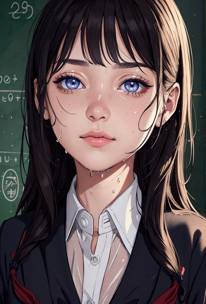 (hyperrealistic), (8K), (extremely detailed), (best illustration), (beautiful detailed eyes), (best quality), (ultra-detailed), (masterpiece), (wallpaper), (detailed face), solo, 1 girl, one-hour drawing challenge, wet sweat, (school uniform:1.3), looking at the audience, exquisite details, detailed faces, ,pureerosfaceace_ v1,
