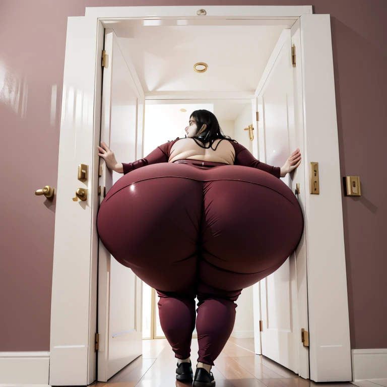 masterpiece, 1girl behind a doorway, from behind, (doorstuck, stuckbehind:1.3), ssbbw ,huge hips, round belly, thick thighs, giant butt,colorful clothing, wearing a maroon red suit and tie and formal pants, upset, desperately trying to wiggle through, she tries to free herself but she won't budge, she is stuck tight view from behind, she is too wide, the doorway is quite narrow too, she kicks her legs furiously, trying to wiggle her hips through the small door, but its no good, the door is too small, she keeps trying to squeeze through with frustration, she is stuck too tight
