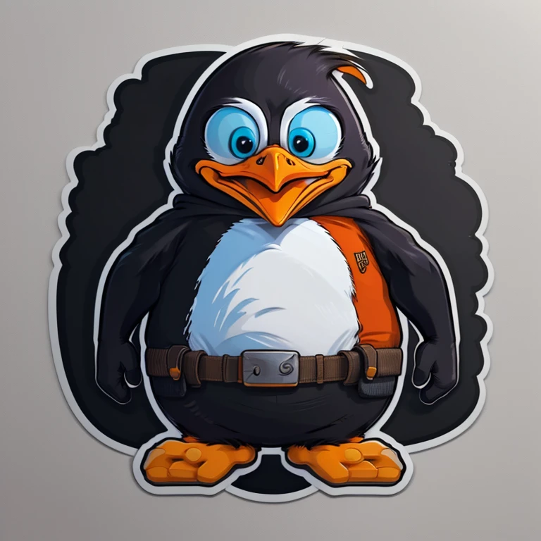 a very detailed penguin t-shirt design, rock clothing, streetwear design, professional vector, cartoon style, full design, only 3 colors, solid colors, no shadows, full design, warm colors, sticker, bright colors, white background.