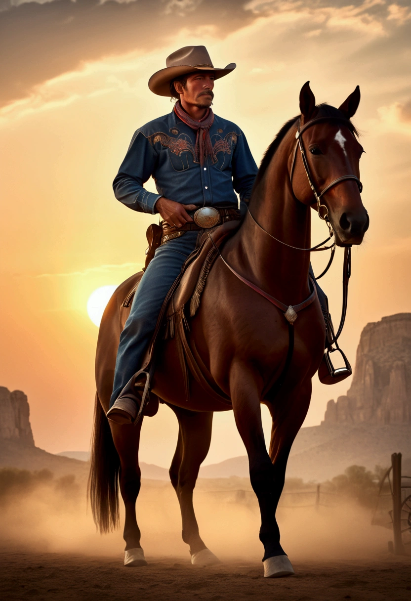 (Western Cowboy with hat), stands next to his horse, sunset sky background, popular comic, full body, award-winning, cinematic still, emotional, vignette, dynamic, vivid, (masterpiece, best quality, Professional, perfect composition, very aesthetic, absurdres, ultra-detailed, intricate details:1.3)