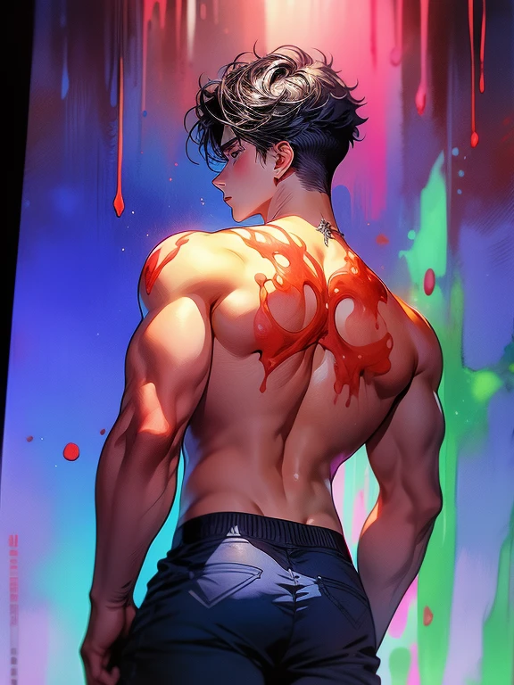 dissolute, very handsome korean boy shows his back, a young guy of twenty years old with round, voluminous buttocks and a thin waist, splashes of blue light sticky liquid, Tango pants are two sizes too small ,dye hair color, bold hairstyle. watercolor, Boys only, Guys, Young man