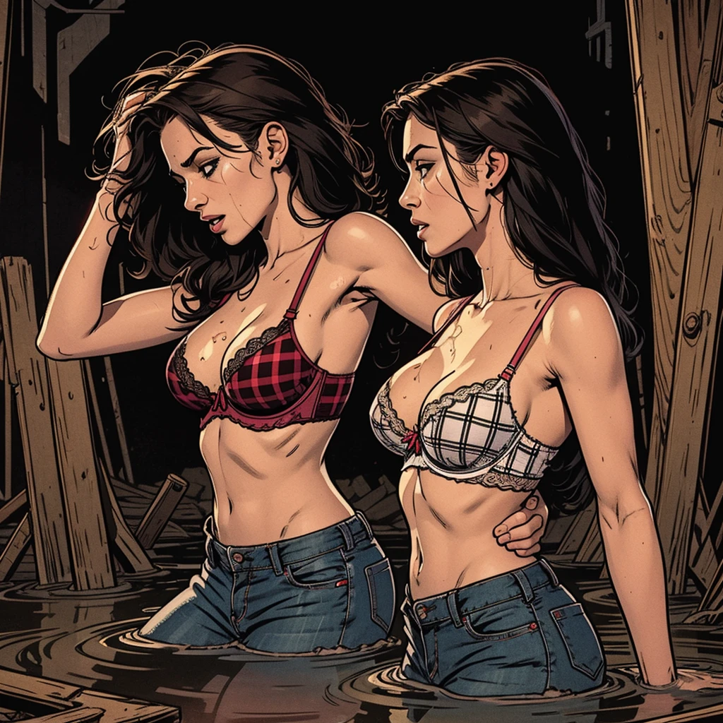 masterpiece, movie-poster, feminine facial features, drowned in mud, unbuttoned flannel shirt with bra underneath, orgasm, deprived, from side view