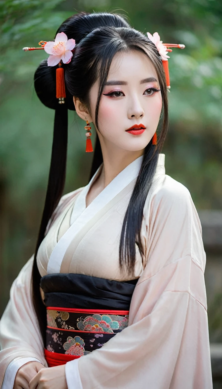 There is a woman posing for a photo in Hanfu, Expose large, (Expose :1.3), Long bangs, Close your eyes, (Wear it with ancient Chinese black clothing:1.4), Japanese clothes, Wearing ancient Chinese clothes, Palace , A girl in Hanfu, Traditional Chinese clothing, pale and coloured kimono, Chinese costume, traditional geisha clothing, expose big nipp