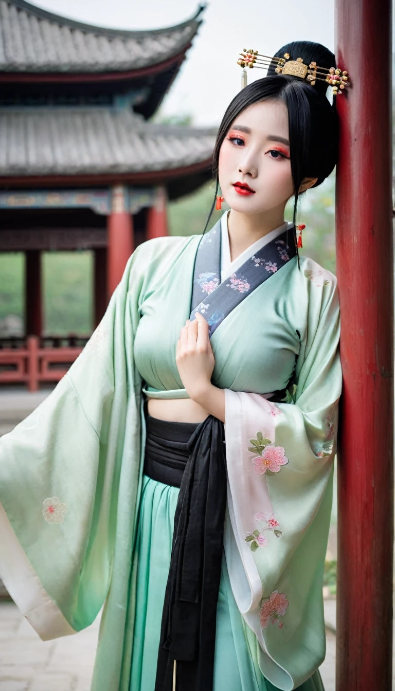 There is a woman posing for a photo in Hanfu, Expose large, (Expose boob:1.3), Long bangs, Close your eyes, (Wear it with ancient Chinese black clothing:1.4), Japanese clothes, Wearing ancient Chinese clothes, Palace , A girl in Hanfu, Traditional Chinese clothing, pale and coloured kimono, Chinese costume, traditional geisha clothing, expose big nipples