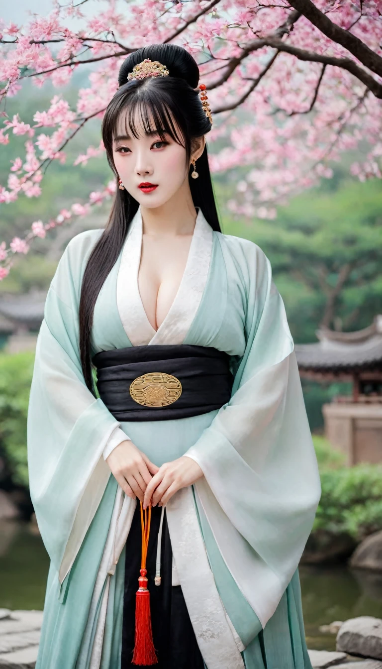 There is a woman posing for a photo in Hanfu, Expose large, (Expose boob:1.3), Long bangs, Close your eyes, (Wear it with ancient Chinese black clothing:1.4), Japanese clothes, Wearing ancient Chinese clothes, Palace , A girl in Hanfu, Traditional Chinese clothing, pale and coloured kimono, Chinese costume, traditional geisha clothing, expose big nipples