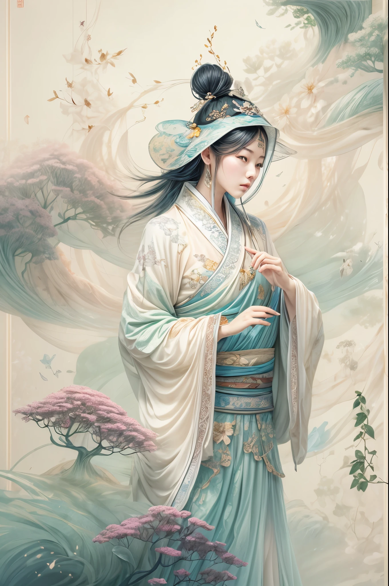 /I A three-dimensional character wearinghanfu,minimalism and abstract illustration, chinese ink painting style, chinese xuan paper texture, light penetrate the air, Fractals effect, Phosphore scence effect