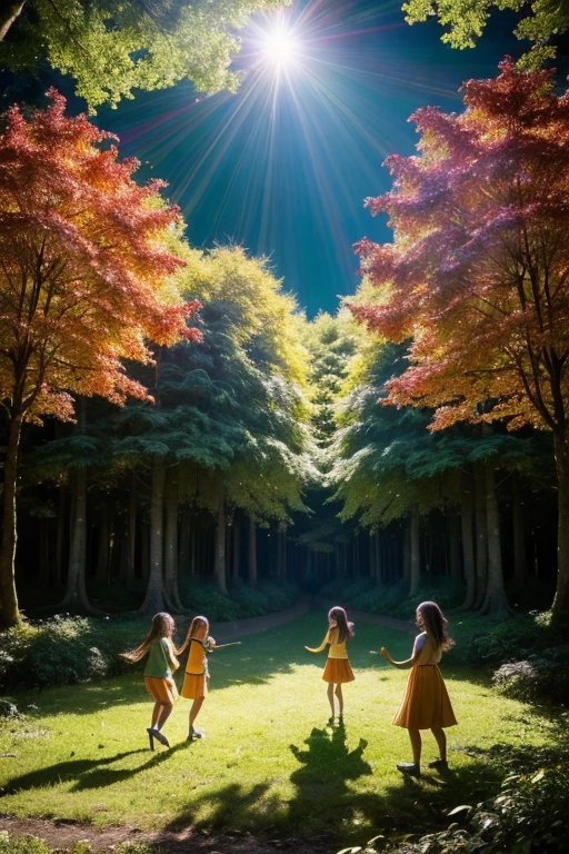 ((best quality)), ((masterpiece)), (detailed), a not very dense forest, (((Psychedelic and Surreal Effects))), fire and smoke, intensity of light, sunlight passing through the leaves and branches, (visualizing some children playing hide and seek), joy (((laughs, happiness!))),