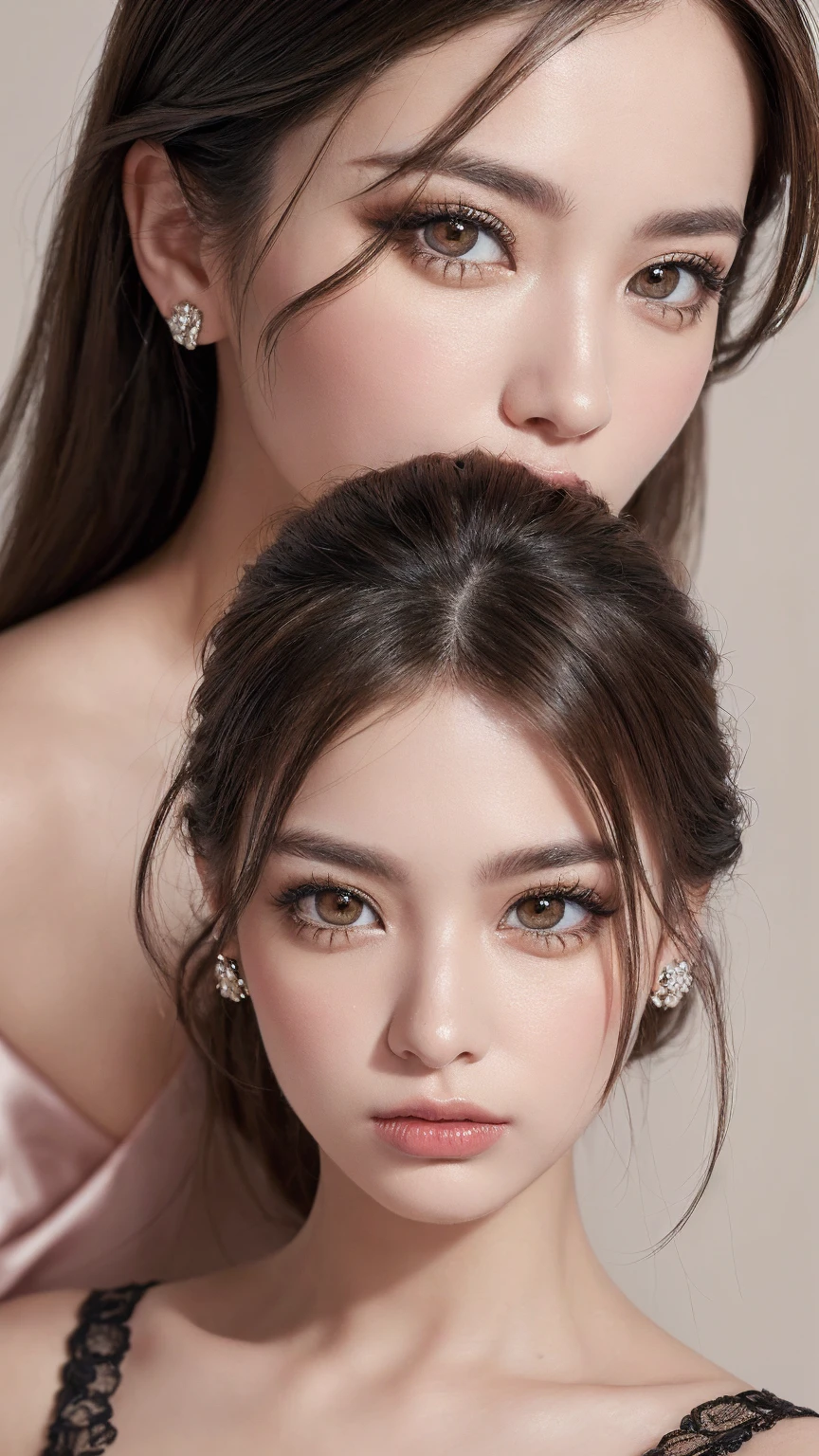 (Ultra resolution, super detail realistic brown_eyes:1.3), (absurd quality, clear sharp focus, not blurry eyes), (finaly detailed round pupils:1.2), (Dressed in a breath taking, silk Dolce&Gabbana Floral dress),