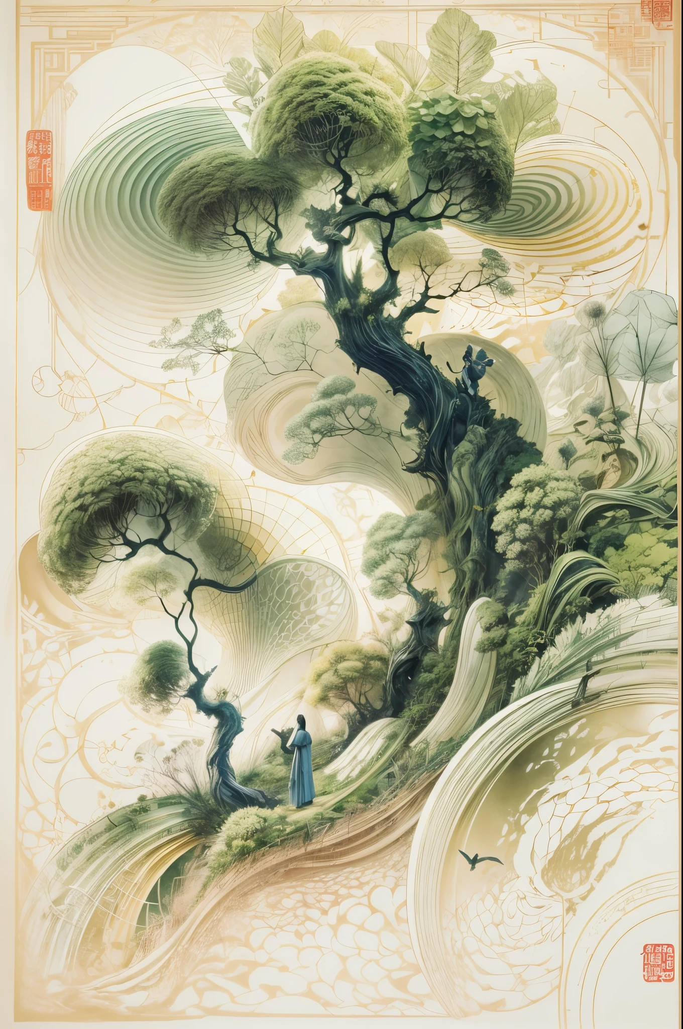 /I A three-dimensional character wearinghanfu,minimalism and abstract illustration, chinese ink painting style, chinese xuan paper texture, light penetrate the air, Fractals effect, Phosphore scence effect