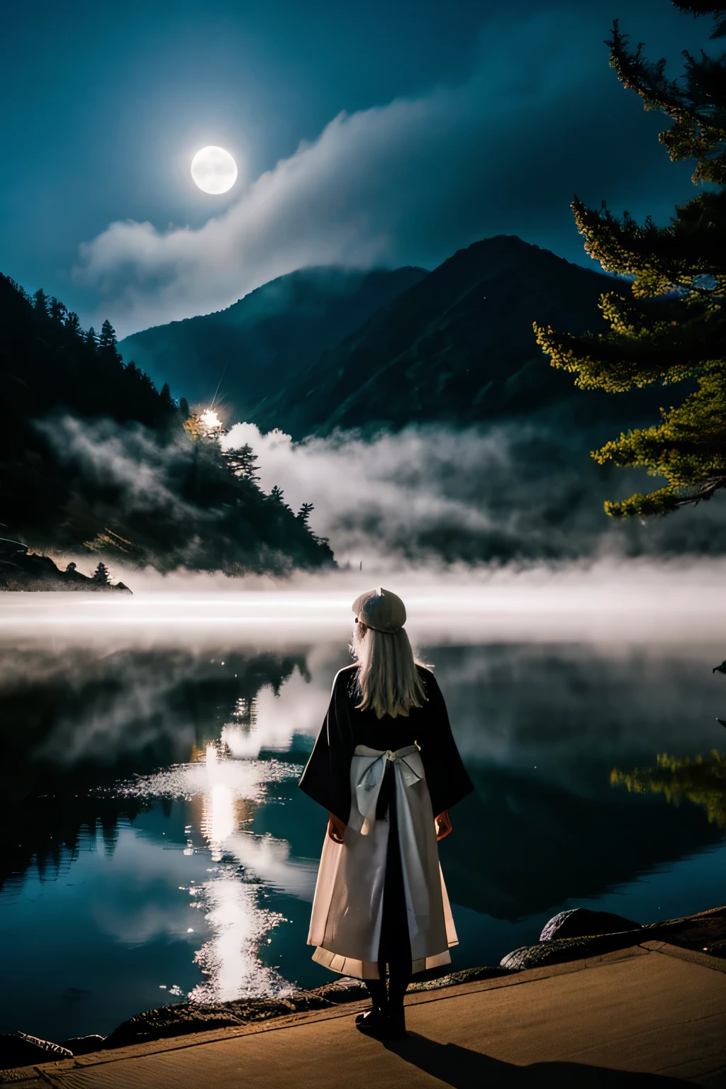 White-haired girl wearing Japanese witch costume,Fog on the lake at night under moonlight