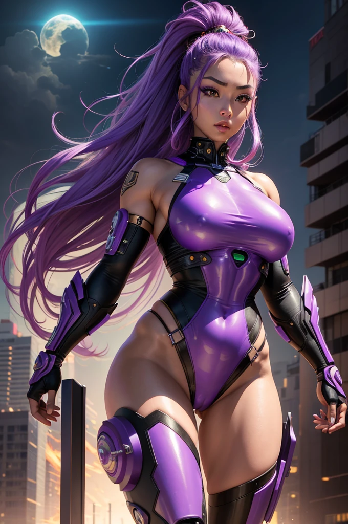 A beautiful, exuberant and very young cybernetic android warrior with black African and oriental Japanese and Chinese features, mixed with the clone of the Greek warrior goddess Athena, with super mega giant breasts, purple eyes, transformed into a super sensual and extremely muscular astronaut, fitness, fit bodybuilder and weightlifter, very muscular thighs wearing very short, super radical and purple punk style hair and very straight in locks, wearing sexy cyberpunk battle outfits, running and fighting a large alien army on a mysterious planet with a city bursting into flames in the background next to a spaceship