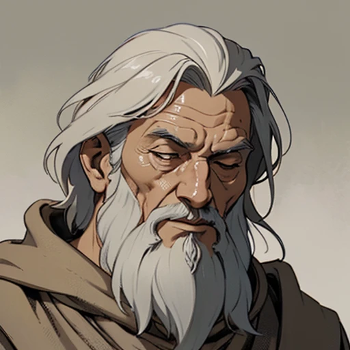 (masterpiece), (best quality),(portrait),(bust up),1boy,solo,(sharp focus),(look at viewer),Gandalf, oldman,wizard,ancient long clothes,(simple background),gray background,old school fantasy art,beige outfit,light from front,close your eyes,