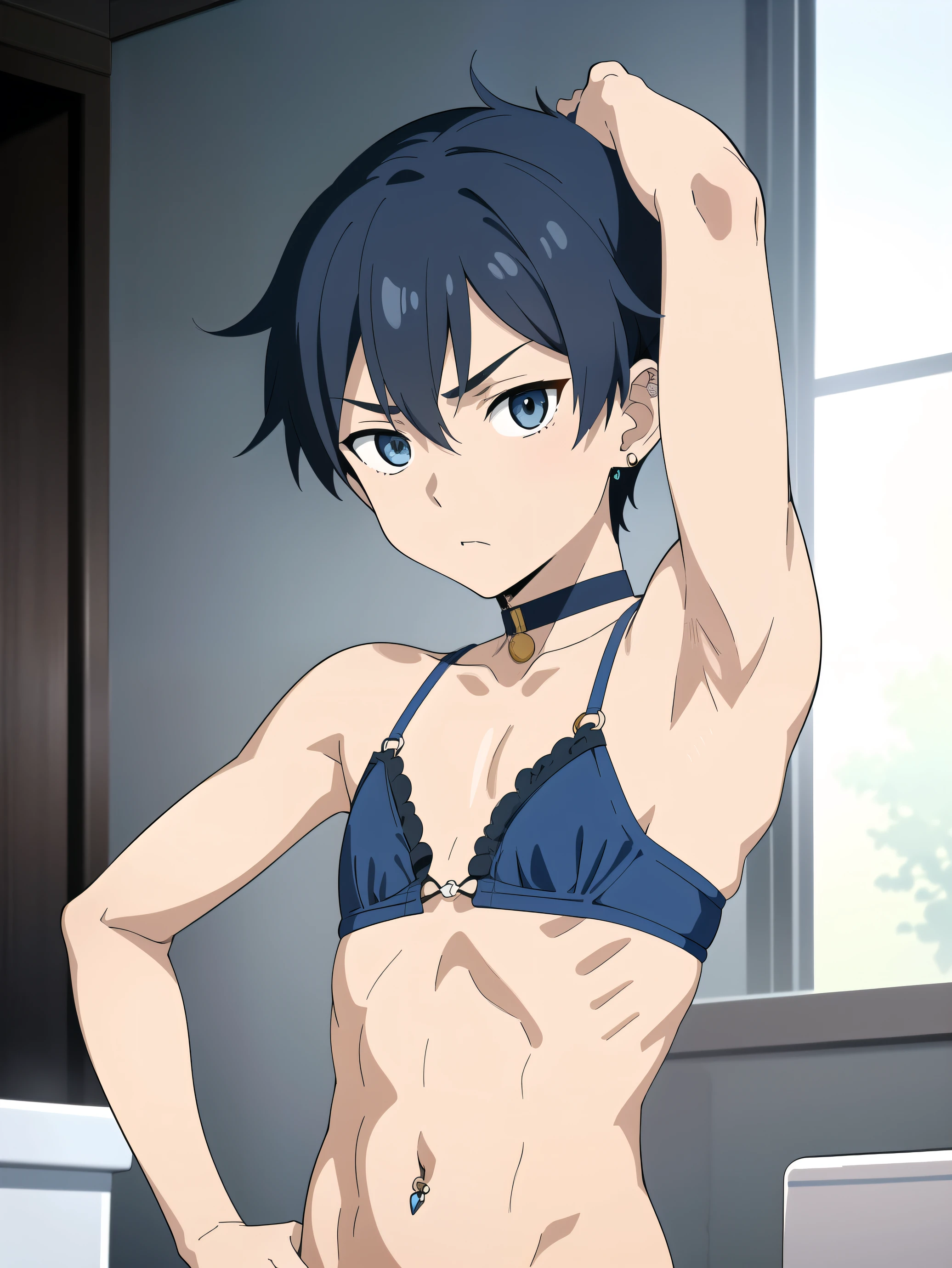 Highres, Masterpiece, Best quality at best,Best Quality,hight quality, hight detailed, Anime style, 1boy, boy, Shota, (s), blue hair, straight hair, Give me a proportional picture of a 12 year old boy, Give me a tantalizing image of a boy undressing, Bra, earring, Navel piercing, Seen from the front, Slim body, choker, Coolarbone, Upper body, bathroom, (Showing armpit), The armpits of a 12 year old boy, Adorable little armpits, Give me a proportional picture of a 12 year old boy's armpits, (very young boy), (Very small and short body), uhd, bokeh