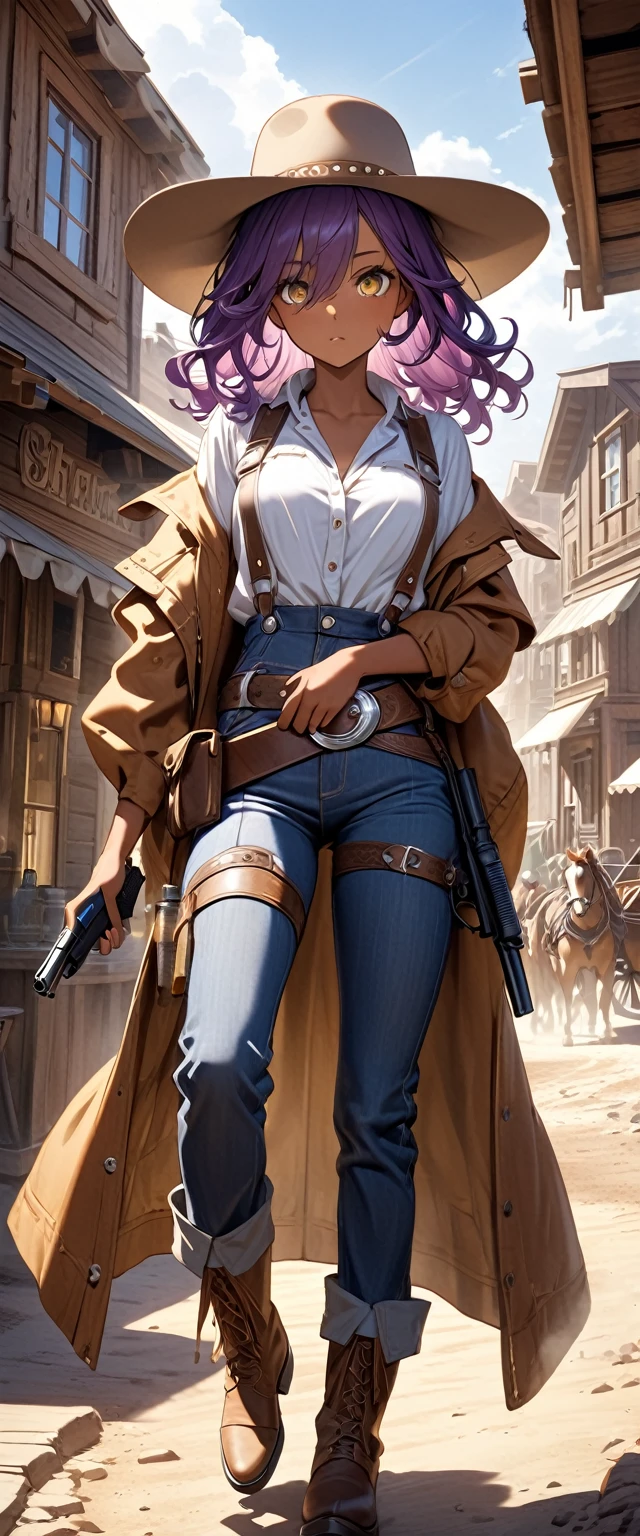 Cute girl with brown skin, Sexy body, purple wavy hair [Black shades], Golden Eyes (Shiny), surreal eyes, Wearing a wide-brimmed cowboy hat,Covering most of his face with cowboy boots and pants,Wear a belt around the waist of a shirt or jacket,With a silver belt buckle, the overall shape is rugged and sturdy,A western cowgirl exuding wild charm.with pistol, jump, With sniper outfit, brave game, round face, Realistic lighting, Light energy transfer, close up.The main street is lined with wooden houses, shops and bars.、casino、Dust can be seen everywhere in places such as,Occasionally, a carriage and a rider hurried past in the sunshine.,Dust,Everything exudes a rough and primitive power。This is the unique living conditions and cultural atmosphere during the development of the American West.