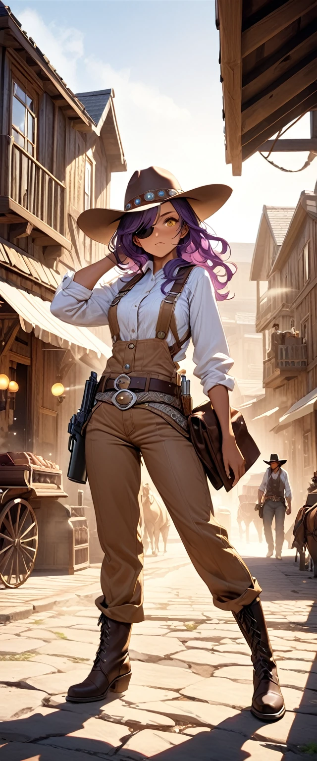 Cute girl with brown skin, Sexy body, purple wavy hair [Black shades], Golden Eyes (Shiny), surreal eyes, Wearing a wide-brimmed cowboy hat,Covering most of his face with cowboy boots and pants,Wear a belt around the waist of a shirt or jacket,With a silver belt buckle, the overall shape is rugged and sturdy,A western cowgirl exuding wild charm.with pistol, jump, With sniper outfit, brave game, round face, Realistic lighting, Light energy transfer, close up.The main street is lined with wooden houses, shops and bars.、casino、Dust can be seen everywhere in places such as,Occasionally, a carriage and a rider hurried past in the sunshine.,Dust,Everything exudes a rough and primitive power。This is the unique living conditions and cultural atmosphere during the development of the American West.