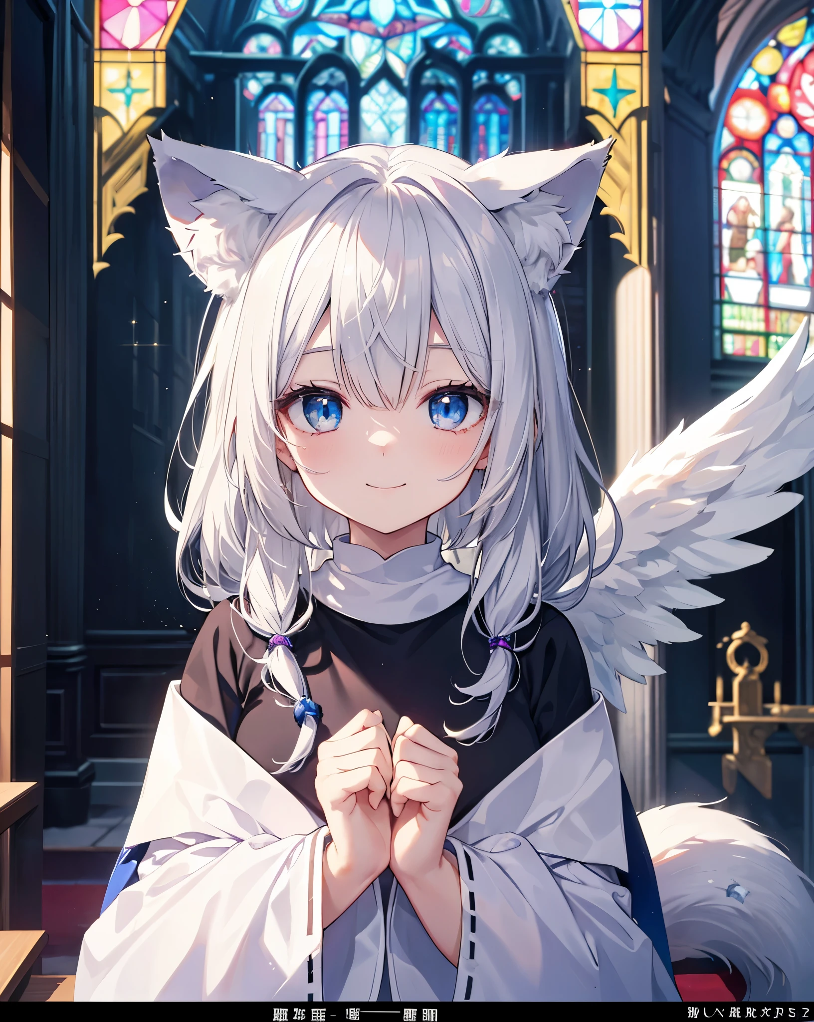 Very long hair、Silver Hair、Detailed sparkly eyes、Blue eyes、Three pairs of angel wings、Gold feather on head,smile、Embarrassing、Nervous smile、shine、reflected light、Film Grain、masterpiece、Textured Skin、Super Detail、High Detail、high quality、最high quality、High Resolution、16K、shine、Monastic Clothes、Nuns、church、Stained glass. ((neko ears)), ((silver fox tail)). Random dynamic action, broken stained glass, pieces of glass, scenic, cinematic, she's a succubus in secrets.