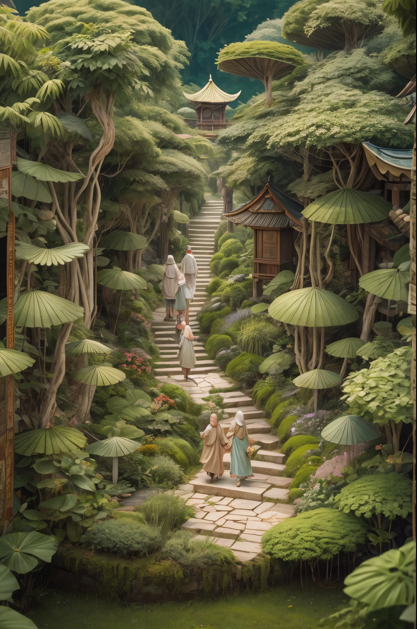/I Three-dimensional antique,A three-dimensional character wearinghanfu, Photos of people walking through the green garden, in Chen Zhen style, surreal 3d landscape, Li Tiefu, pointed mounds, charming landscape, spherical shape, high-definition out of the picture