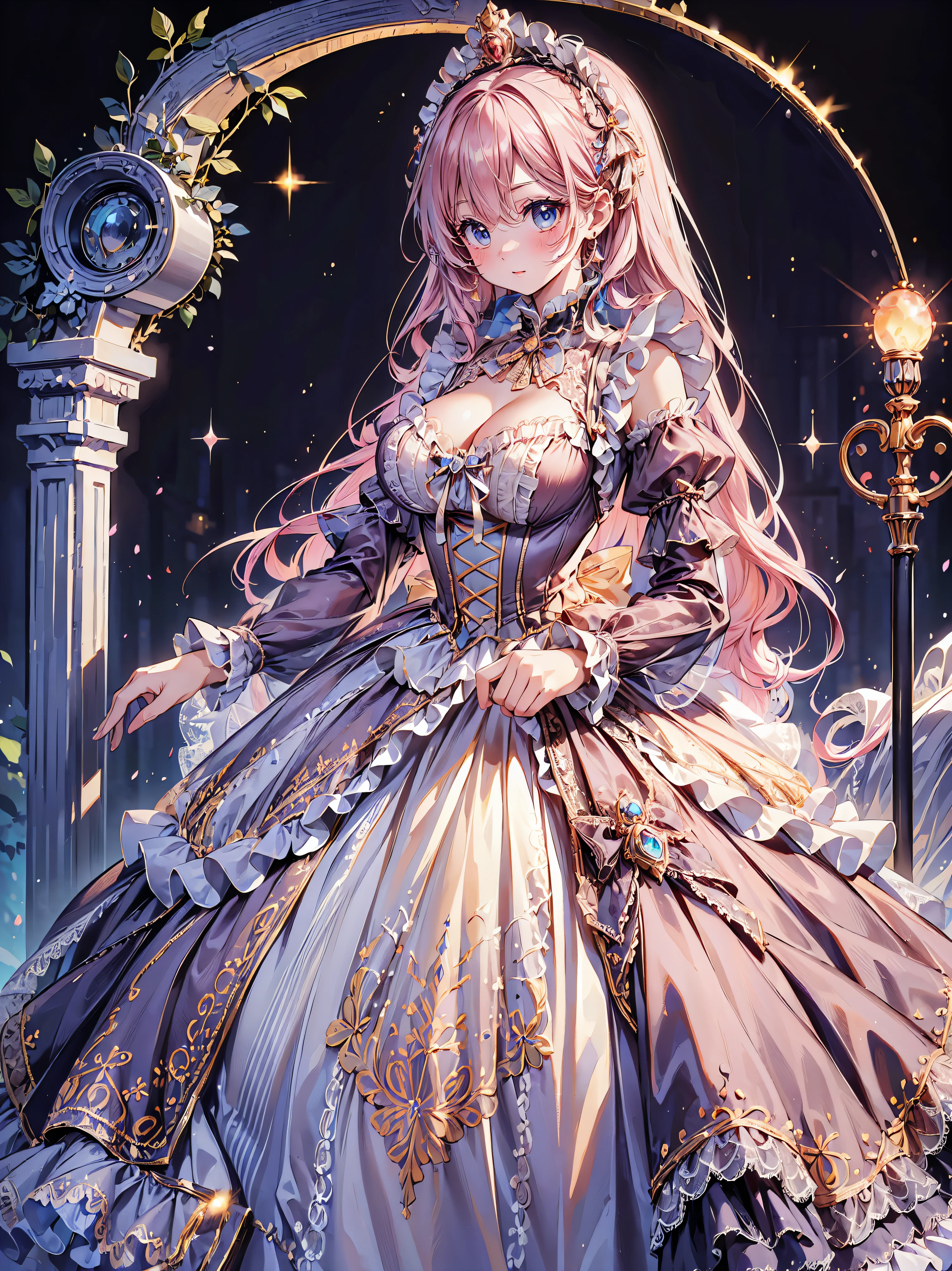 ((Superbly detailed drawing, ultra detailed, exquisite quality, absolutely resolution)), (((young face solo princess))), (((Unsurpassed gorgeous rococo victorian gown with voluminous huge hoopskirt and long hems, princess style skirt:1.5))), ((transparency gown, fluffy and full of pleats skirt:1.3)), (Super detailed and intricate exquisite design gown:1.5), ((overwhelming amount many ruffles with ribbons with intricate lace with Super detailed and intricate embroidery gown:1.9)), ((huge breasts, breasts cleavage)), (ponytail, fluffy long Expressive, hair pink hair), super voluminous long hair, hair ornament tiara, happy smile, (((curtsey:2))), (blurry background, depth of field:1.35), super detailed skin, super delicate and beautiful face, (eyes blue eyes), (backlighting, particle effect, caustics), (((sharp focus))), ((fantasy castle, night sky)), (magnificent panorama view, dynamic angle, dynamic pause:1.3), (((4 finger, 1 thumb))), 