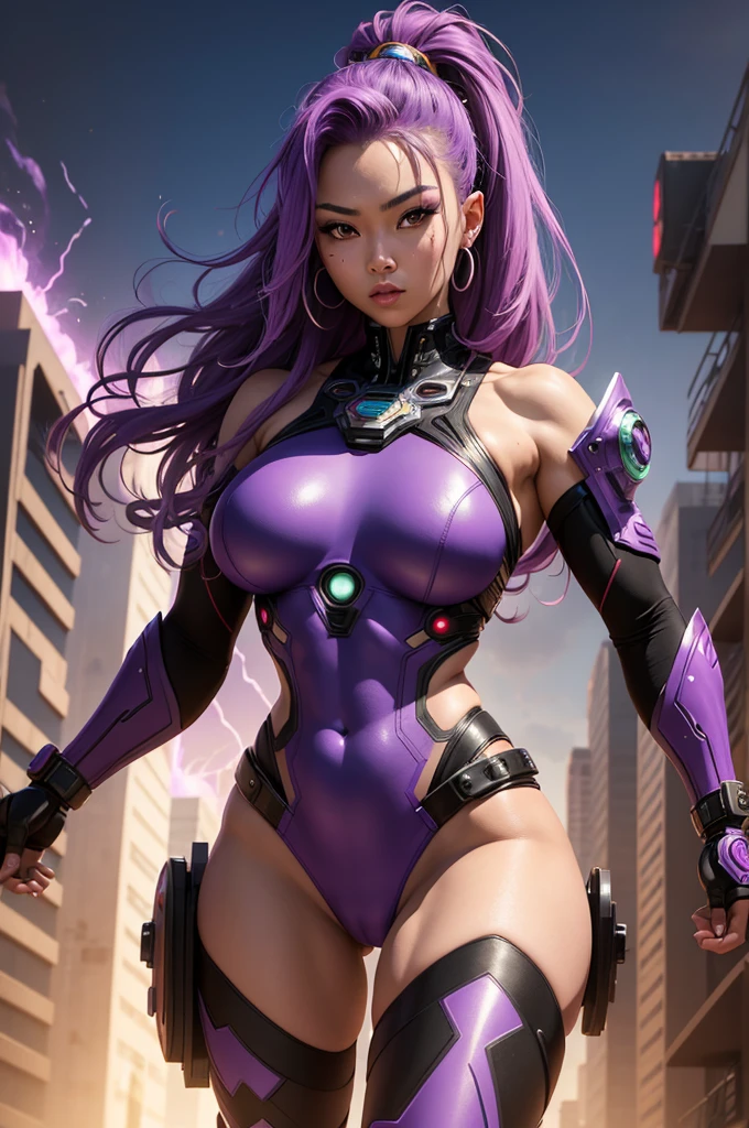 A beautiful, exuberant and very young cybernetic android warrior with black African and oriental Japanese and Chinese features, mixed with the clone of the Greek warrior goddess Athena, with super mega giant breasts, purple eyes, transformed into a super sensual and extremely muscular astronaut, fitness, fit bodybuilder and weightlifter, very muscular thighs wearing very short, super radical and purple punk style hair and very straight in locks, wearing sexy cyberpunk battle outfits, running and fighting a large alien army on a mysterious planet with a city bursting into flames in the background next to a spaceship