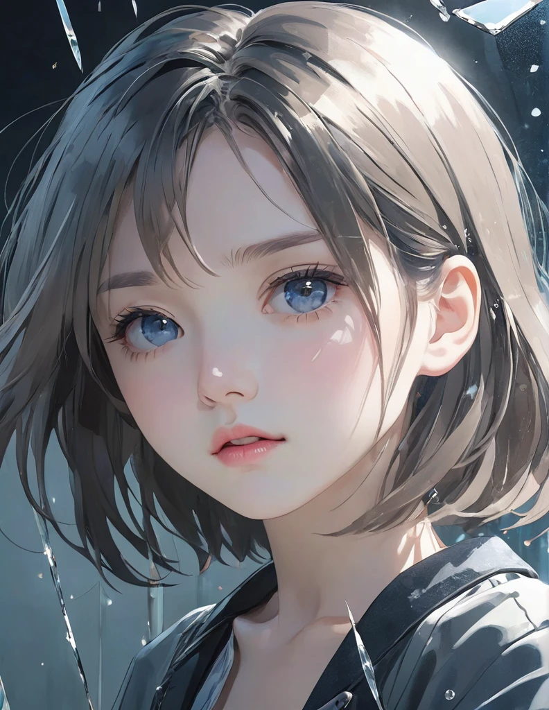 (anime style:1.4),柔らかい絵のタッチ、超High resolution, Attention to detail, high quality, High resolution, 最high quality, 4K, 8K,posters、artwork、Works by famous artists、Stylish and cool piece、Girl reflected in broken glass、Picture from the front、face、Put your right hand on your cheek、Sad expression、Semi-long hair、Cute Girls