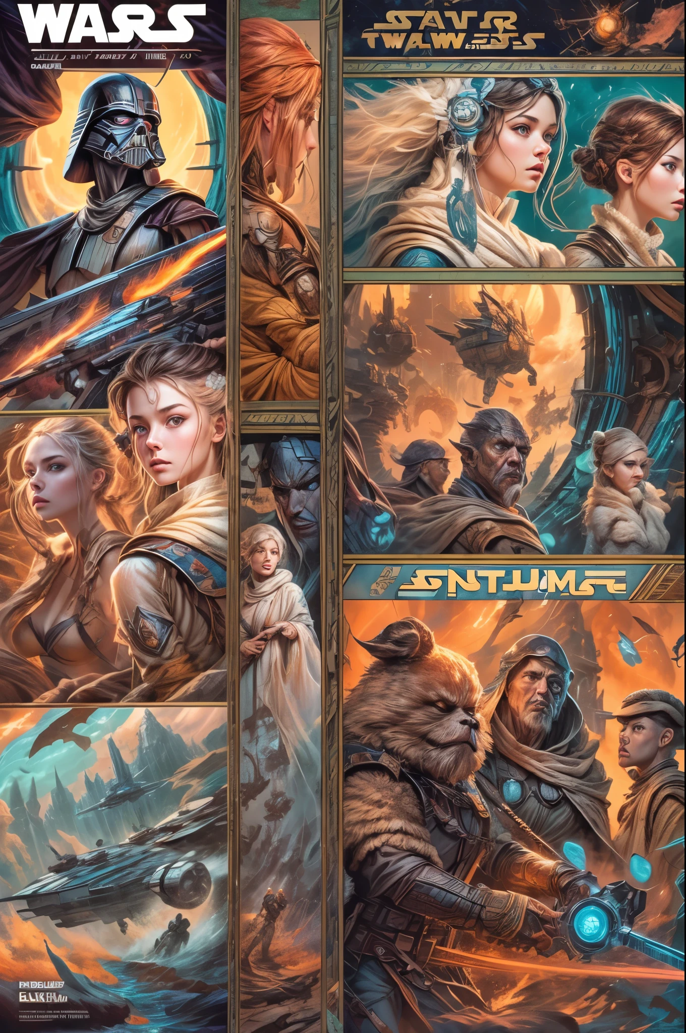 "((Animee)) book cover for Star Wars, dramatic scenes, ((expressive characters)), futuristic details, vibrant and ((captivating colors)), dynamic composition,