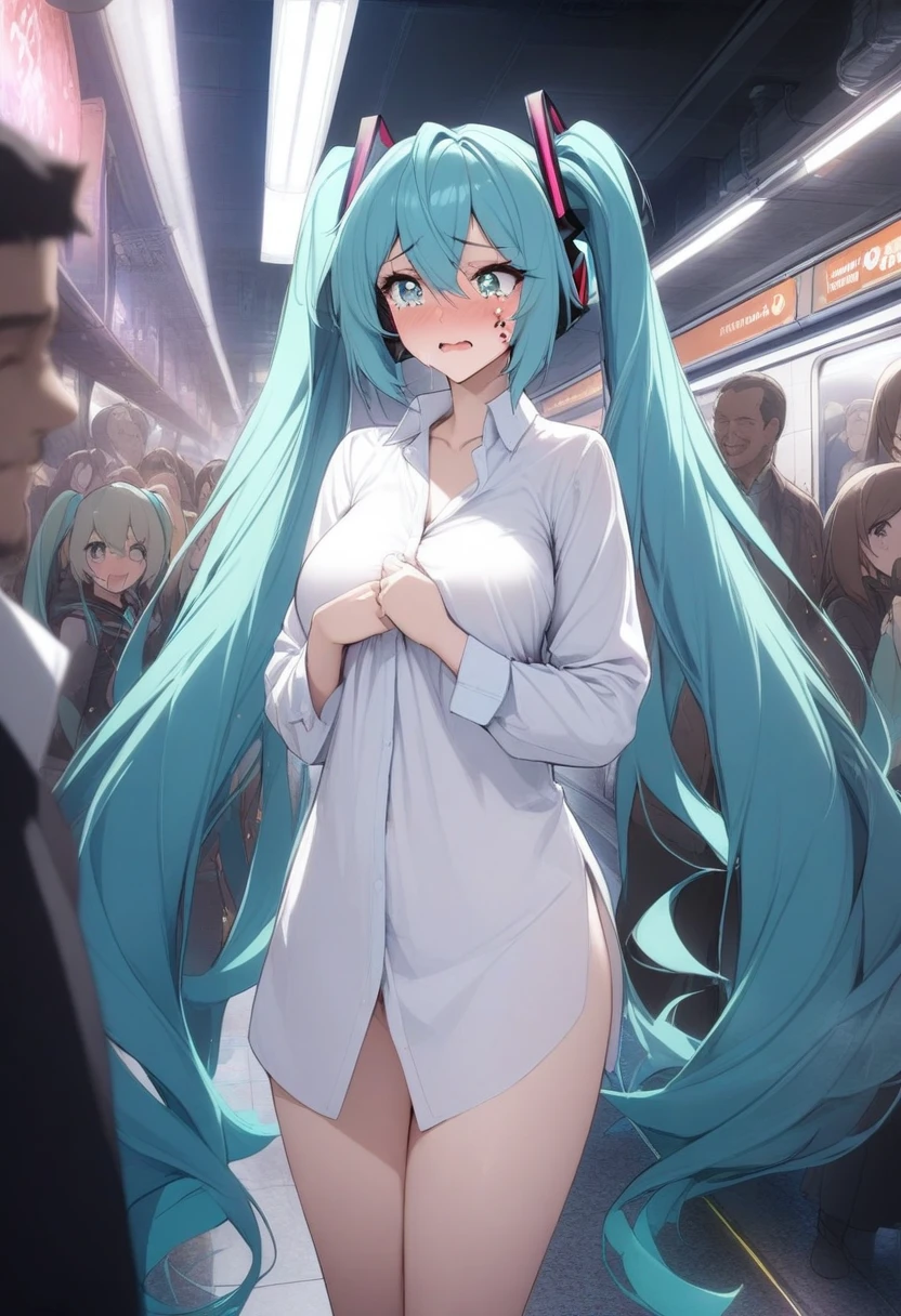 masterpiece, best quality, very aesthetic, absurdres, 1girl, embarrassed,tears_in_eyes, mature_lady,naked_shirt,in subway,In the crowd,hatsune_miku, vocaloid, very_long_hair,  twintails, number_tattoo,aqua_eyes, aqua_hair,,glowing stardust frontground,fantasy,sparkling,fireflies,
