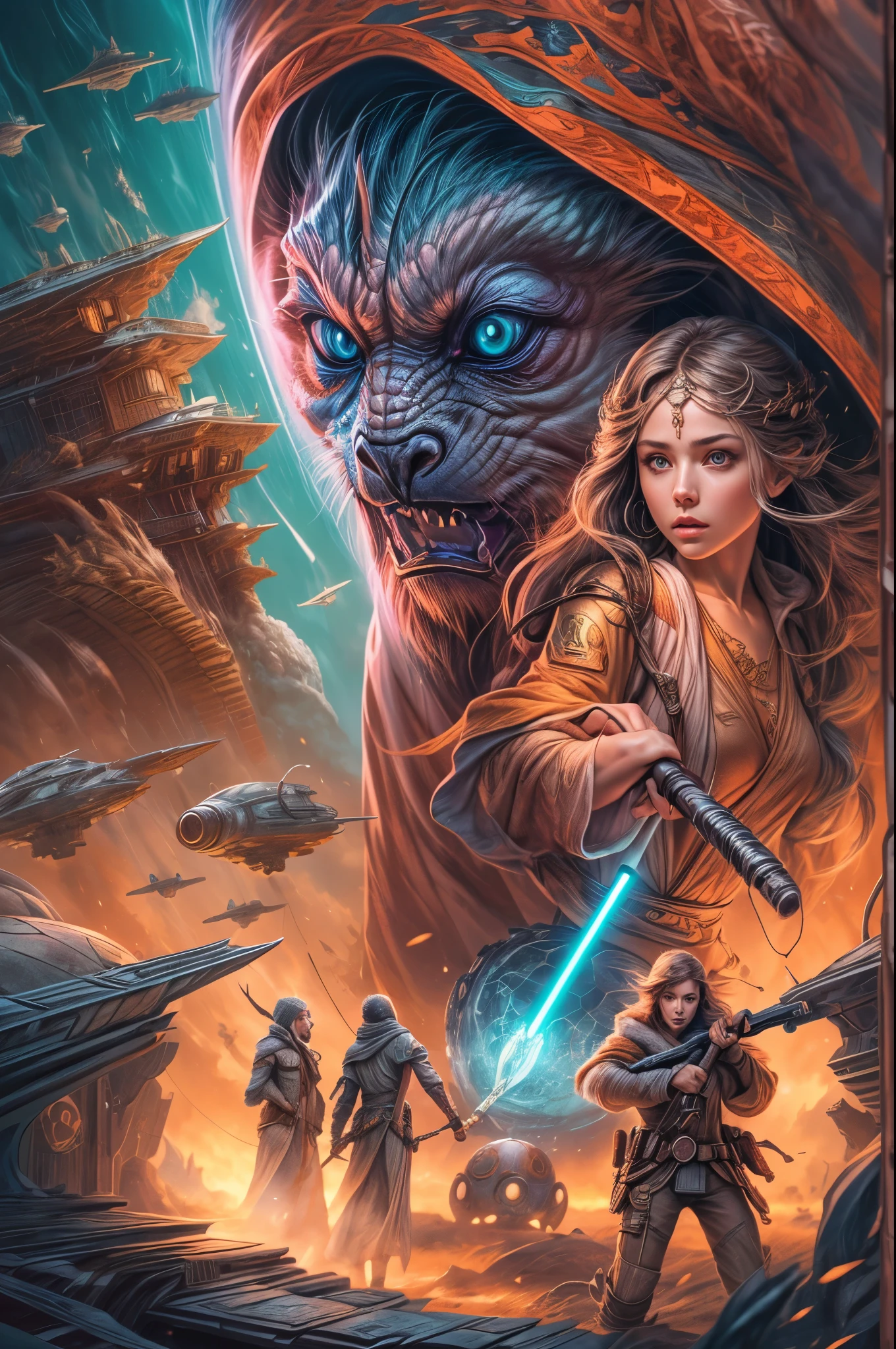 "((Animee)) book cover for Star Wars, dramatic scenes, ((expressive characters)), futuristic details, vibrant and ((captivating colors)), dynamic composition,