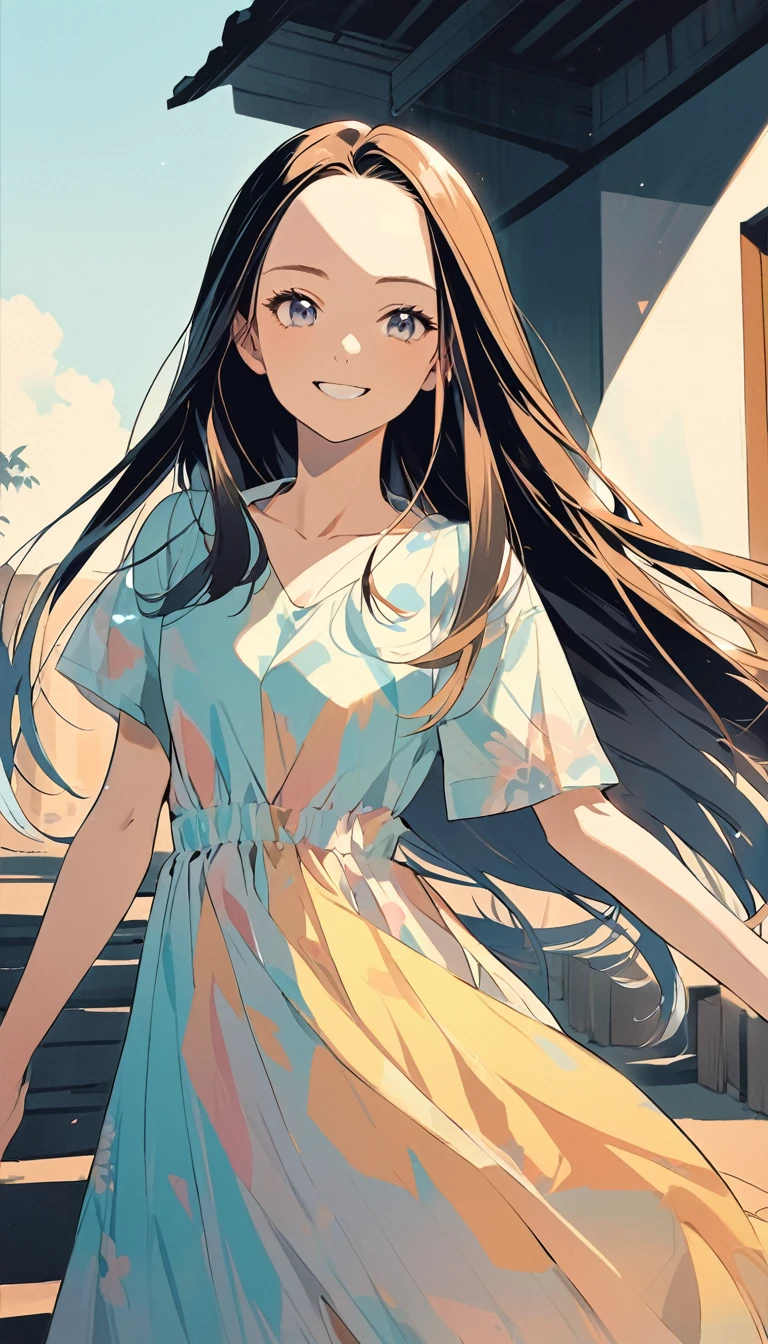 2.5D, delicate and dynamic, neat and pretty young lady, straight hair, forehead, make-up, smile, loose summer dress, manga-style images, shading, contrast magic, pale colors effects