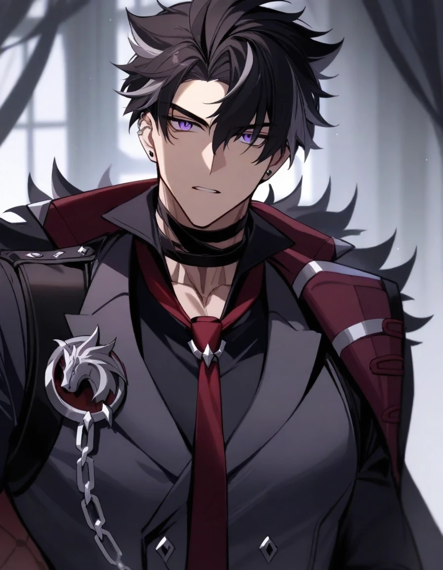 masterpiece,best quality,1boy, male_focus, solo, black_hair, necktie, red_necktie, pectorals, upper_body, looking_at_viewer, jewelry, shirt, short_hair, earrings, bangs, coat, collared_shirt, purple_eyes, black_shirt, muscular, parted_lips, chain, multicolored_hair, lapels, muscular_male, black_coat, hair_between