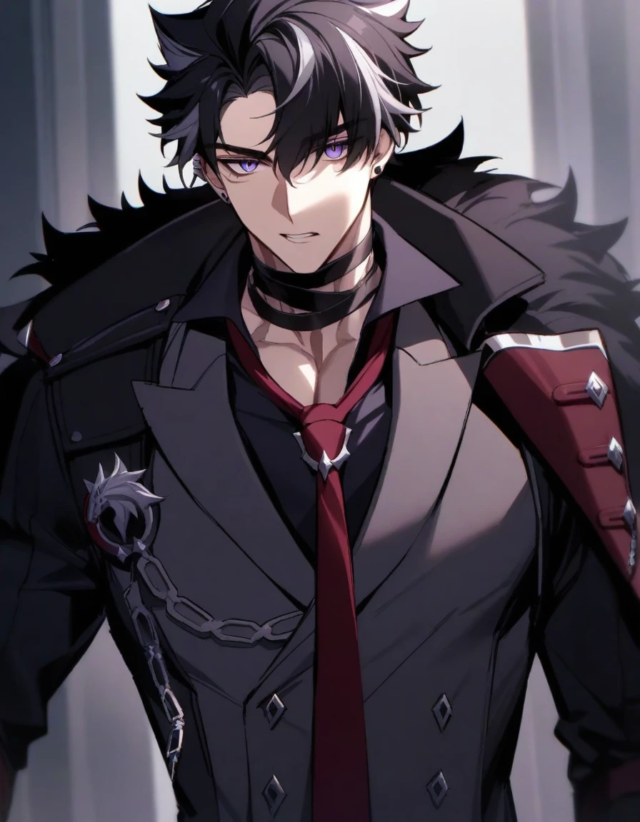 masterpiece,best quality,1boy, male_focus, solo, black_hair, necktie, red_necktie, pectorals, upper_body, looking_at_viewer, jewelry, shirt, short_hair, earrings, bangs, coat, collared_shirt, purple_eyes, black_shirt, muscular, parted_lips, chain, multicolored_hair, lapels, muscular_male, black_coat, hair_between