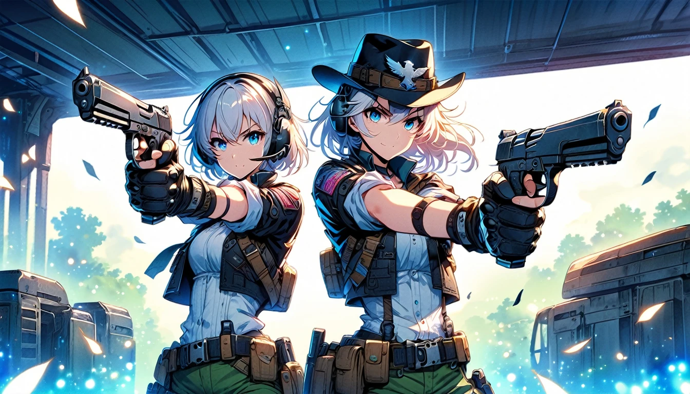 White hair anime girls with dual guns